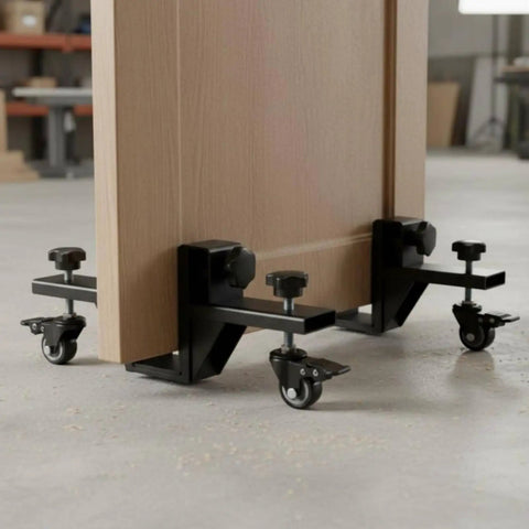 Close-up of Heavy Duty Door Panel Mover And Carrier Cart With Reinforced Iron Frame Plus Adjustable Clamp for easy door moving.