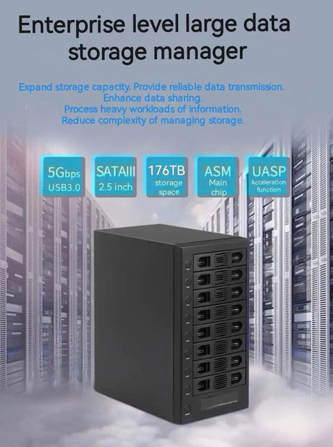Eight Bay External Sata Hard Drive Enclosure Features No Sweat Setup With Hot Swap Trays And Smart Cooling Fan for efficient data management.