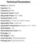 Technical specifications for Pro Grade Ultrasonic Cleaner Heavy Hitter Sonic Wash Tank including model, power, and capacity.