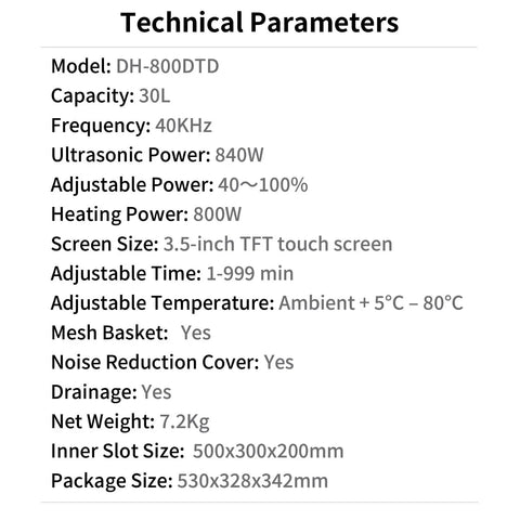 Technical specifications for Pro Grade Ultrasonic Cleaner Heavy Hitter Sonic Wash Tank including model, power, and capacity.
