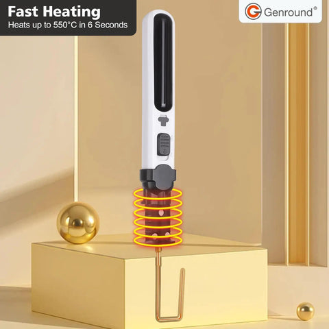 Kickass Cordless Foam Cutter And Rechargeable Hot Wire Pen That Cuts Styrofoam Like Butter Includes 6 In 1 Carving Tool Kit with a gold backdrop.