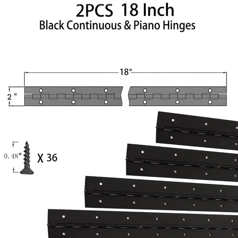 Top Shelf Hella Durable 2 Pack 18 Inch Black Stainless Steel Full Length Piano Hinges with mounting screws included.
