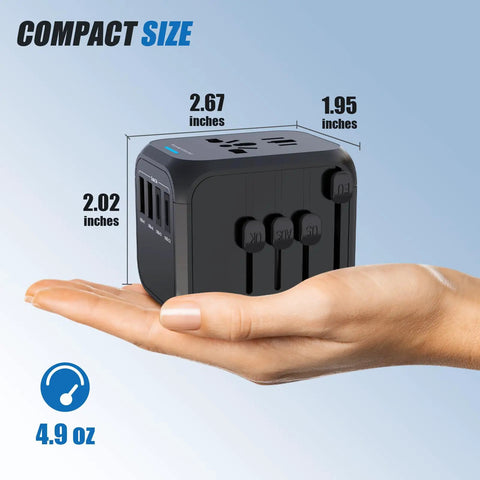 All In One Travel Adapter With 2 USB C And 2 USB A Ports For Worldwide Use held in hand, dimensions and weight shown