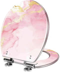 Elongated Toilet Seat Quiet Close Bathroom in pink marble design, measuring 14.5" x 18.5", with chrome hinges.