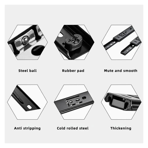 Heavy Duty Cold Rolled Steel Drawer Slides Two Section Butter Smooth Cabinet Tracks 12 Inch detailed components including steel ball and rubber pad.