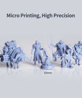 Miniature figures printed with Tough 3D Printer Resin 2.0 Tough As Nails High Hardness Ultra Clear for high precision and detail.