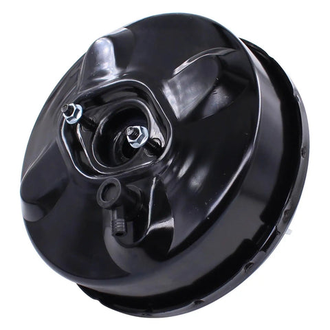 Heavy Duty Vacuum Power Brake Booster For Chevy Blazer And S10 Pickup, round black metal design with bolts and fittings.
