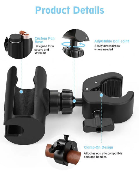 Top Shelf Adjustable Fan Clamp Attachment For Shark ChillPill 3 In 1 Cooling Fan detail showing adjustable ball joint and clamp-on design.