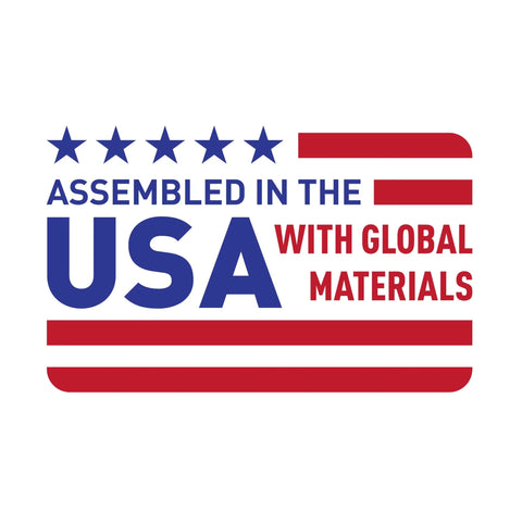 Emblem stating 'Assembled in the USA with Global Materials' in red, white, and blue with stars and stripes design.