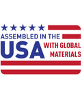 Logo featuring text 'Assembled in the USA with global materials' with American flag elements.