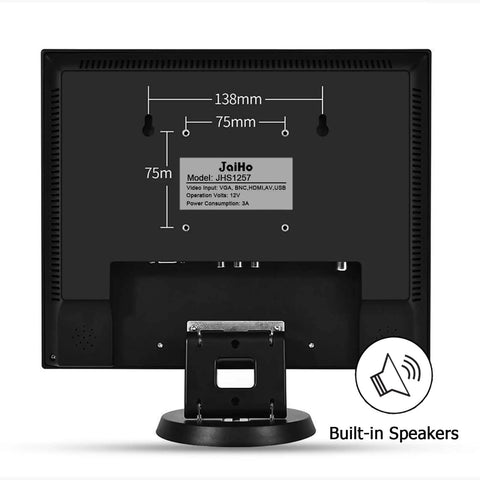 Rear view of 14-Inch 4:3 Security Monitor With No Image Stretching, Tough Metal Housing with VESA mount layout and input details.