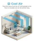 Dead Quiet Air Circulator Fan With Remote And Five Speed Controls For No Sweat Whole Room Cooling In Crisp White Finish Featuring Super Smooth Sixty Degree Oscillation in a living room setting.