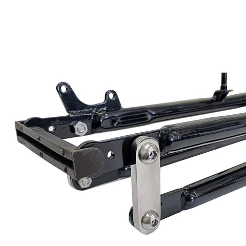 Close-up of black steel structure of 26 Inch Double Springer Suspension Fork For Cruiser And Chopper Bikes, 1 Inch Threaded Steerer