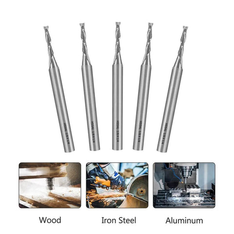 End mill set, front view: five 1/8 in. diameter HSS 4-flute cutters with 1/4 in. shanks for wood and metal (5 pcs)