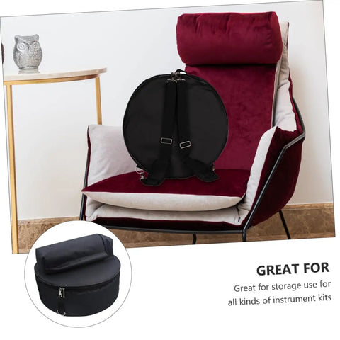 Waterproof Oxford Cloth Drum Backpack With Dead Easy Padded Straps And Adjustable Instrument Gig Bag on a chair, showcasing round bag design.