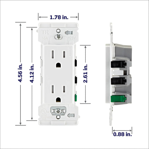 No Sweat 15 Amp Tamper Resistant Duplex Wall Outlet 10 Pack Lever Style Wire Connectors With Bold Color Markings For Rapid Safe Circuit Installations In Crisp Clean White dimensions on image with measurements.