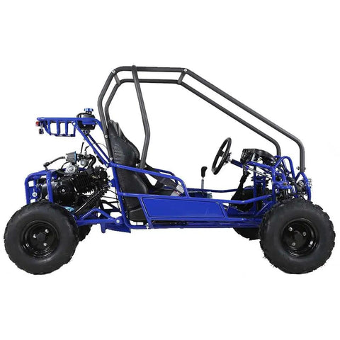 Side view of blue Gokart GK110 125cc Gas Powered Auto With Reverse Two Seater For Kids And Teens Black Durable Family Friendly Ride On