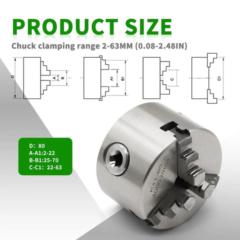 K11 80 Self Centering 3 Inch Lathe Chuck With 3 Jaw And Set Jaw 4000 Rpm shown with clamping range dimensions