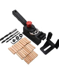 Heavy Duty Woodworking Drill Locator Kit With 38 Pieces For Precise Multi-Hole Punching In 2 To 12Mm Sizes For Easy DIY Projects And Professional Carving Tasks, showing drill positioner and wood dowels.