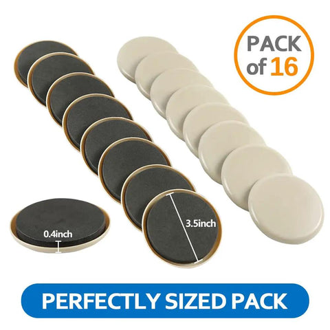 Heavy Duty Furniture Sliders 16 Pack 3 1/2 Inch Round Pads For Carpet Easy Move Couches Beds And Armoires With Reusable Floor Protectors No Sweat Lifting And Sliding Heavy Furniture Across Carpets arranged in two rows, gray and black, next to packaging details.