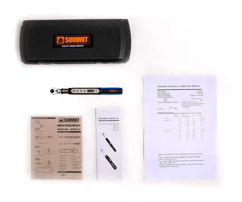 Bit-Head Digital Torque Wrench With 1/4 Inch Drive Adaptor set including case, manual, and calibration sheet displayed on surface