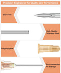 Sterile Disposable Injection Needles 25 Gauge 1 Inch Set of 100 with Luer Lock Design, Stainless Steel Body, Individually Wrapped For Med Pros, Nurses, Clinics, And Home Care Use. close-up burr-free stainless steel needle and luer-lock hub