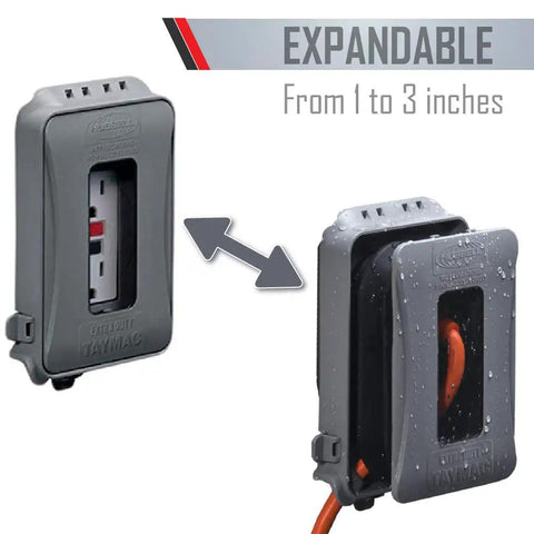 1-Gang Weatherproof In-Use Outlet Cover Expandable Nonmetallic Flat Mount 16 In 1 Design Versatile Vertical Or Horizontal Install Gray 1 Pack UL Listed For Wet And Damp Locations Quick Fit showing expandable feature.