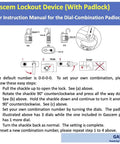 Instruction manual for Gascem lockout device with padlock showcasing setup steps and lock diagrams with labeled components.