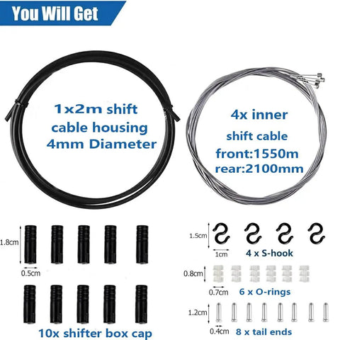 Shifter Cable Kit For Bikes 30 Piece Complete Set With Stainless Steel Inner Wires In 1.55m And 2.1m Plus 2m Housing layout