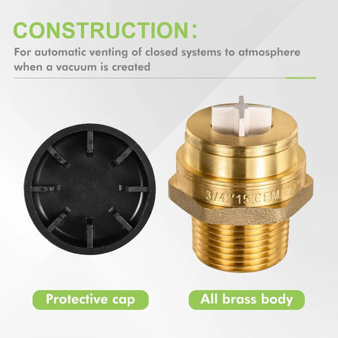 Brass vacuum relief valve for water heater, 3/4 inch, all-brass body with dust cover, front view