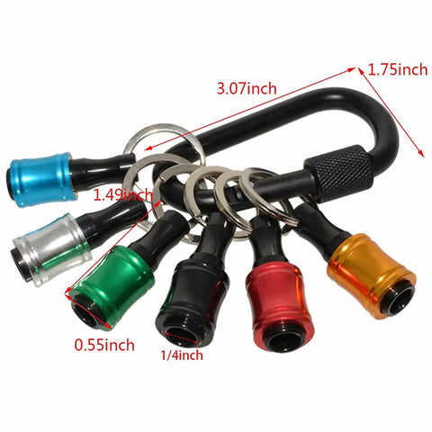 One Quarter Inch Hex Shank Aluminum Alloy Screwdriver Bits Holder Extension Bar Drill Adapter With Quick Change Pull Out Bushing displayed on a keychain with six colorful holders.
