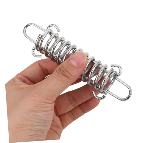 Hand holding spring from 3 Piece Adjustable Rope Buckle High Strength Spring Tensioner Set For Lightning Quick Tent Setup Lightweight Camping Gear