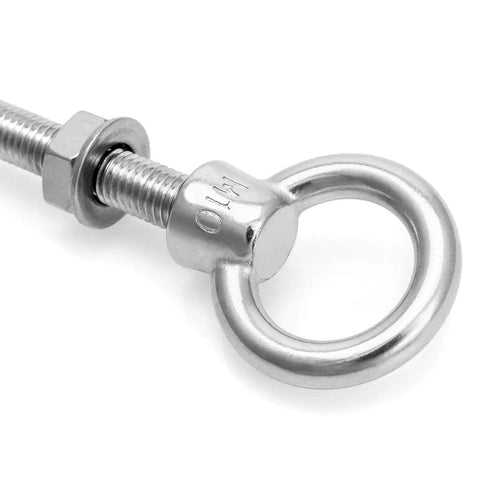 Close-up of stainless steel shoulder eye bolt with nut, 3/8 in by 4 in, 304 marine grade, for beams and hoists