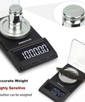 Pro Grade Micro Precision Milligram Scale With USB Power 100G X 0.001G Portable Lab Scale with weight displayed and feather on pan.