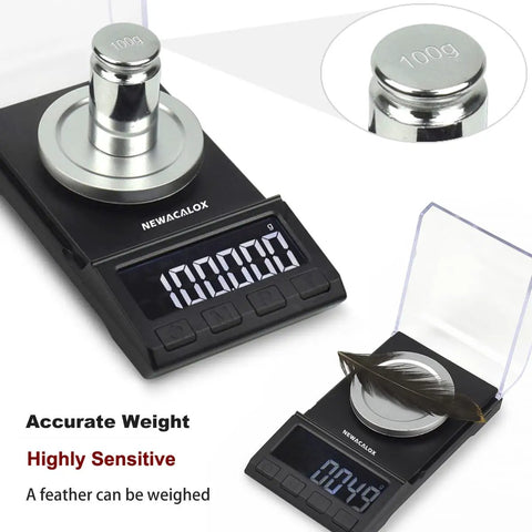 Pro Grade Micro Precision Milligram Scale With USB Power 100G X 0.001G Portable Lab Scale with weight displayed and feather on pan.