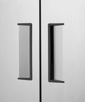Industrial Grade 54 Inch Commercial Upright Refrigerator With Two Solid Doors And Plenty Of Space Keeping Your Goods Kickin Cold On The Regular For Bars Restaurants Or Shop Garages. Close-up of the solid doors with handles.