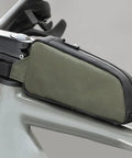 Frame Storage Pouch For Cycling Top Tube Bag And Bikepacking Gear attached to a bike's top tube, green with zippered storage