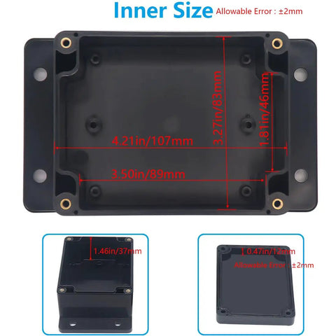 Rugged Abs Black IP67 Waterproof Junction Box With Pre Installed Gasket Mounting Ears And Cable Glands For Outdoor Diy Electronics Projects And Kick Butt Weather Shield Enclosure 4.5 X 3.5 X 2.2 Inches inner dimensions shown with measurements.
