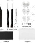 No Sweat Eyeglass Repair Kit With 18 Pairs Flexible Nose Pads, Precision Drivers, 100 Spare Screws, Fine Tweezers, Lint Free Microfiber Wipe, And Solid Travel Case For Specs And Sunglasses components laid out including tweezers, screws, and pads.
