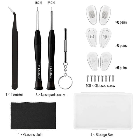 No Sweat Eyeglass Repair Kit With 18 Pairs Flexible Nose Pads, Precision Drivers, 100 Spare Screws, Fine Tweezers, Lint Free Microfiber Wipe, And Solid Travel Case For Specs And Sunglasses components laid out including tweezers, screws, and pads.
