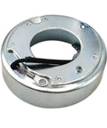 Thinking Process: silver metal car AC compressor clutch coil, round replacement part, close-up