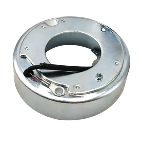 Thinking Process: silver metal car AC compressor clutch coil, round replacement part, close-up