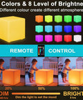 Lit RGB Color Changing LED Cube Seat 14-Inch LED Cube Chair with remote control, display of different brightness and colors.