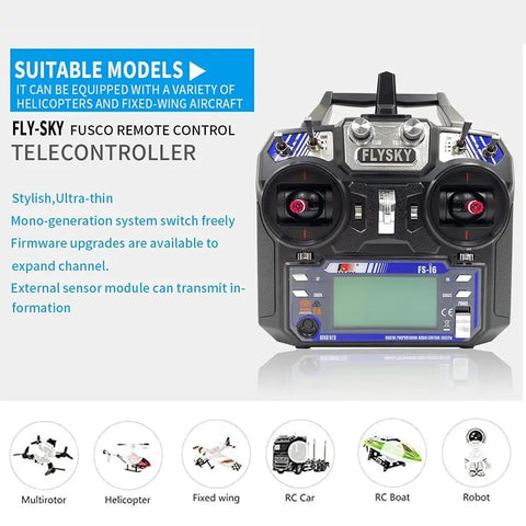 Flysky FS-i6 6CH 2.4GHz AFHDS 2A RC Transmitter With FS-iA6B Receiver for drones and aircraft, front view display