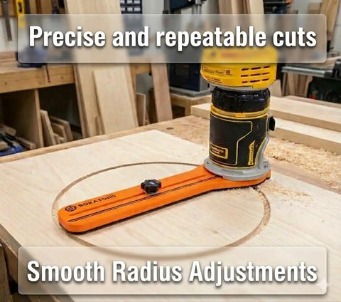 Carbon Fiber Radius Guide Circle Cutting Jig Pro Grade Base Plate For Trim Routers 1.6 To 37 Inch Circles Fits DeWalt DCW600 DWP611 Bolt On Precision Made In USA in use with a router cutting a circle in wood