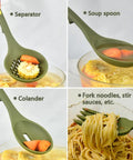 Heavy Duty Silicone Kitchen Utensil Set With Hooks 7 Piece Nonstick Heat Resistant Slotted Spoon Spatula Stirring Fork Spoon Dark Green Durable Kitchen Tools For Cooking And Meal Prep shown in use with food.