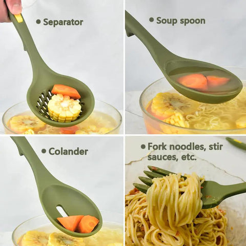 Heavy Duty Silicone Kitchen Utensil Set With Hooks 7 Piece Nonstick Heat Resistant Slotted Spoon Spatula Stirring Fork Spoon Dark Green Durable Kitchen Tools For Cooking And Meal Prep shown in use with food.