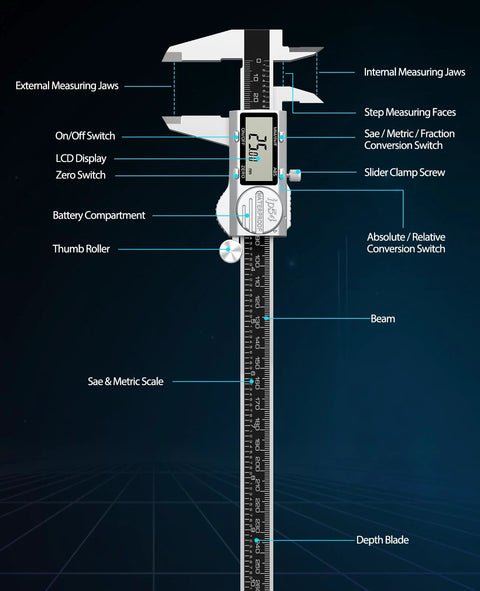 Housolution 12-inch digital caliper with LCD display, stainless steel beam, inch/mm/fraction conversion.