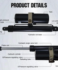 DC HOUSE hydraulic linear actuator with 12in stroke; black cylinder, piston rod, and mounting holes