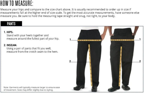 How to measure for Slip Into These Black Chef Jogger Pants Five Pocket Stretch Kitchen Uniform Drawstring Elastic Waist Cotton Blend Restaurant Cook Workwear Built For The Kitchen Hustle.